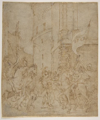 Emperor greeted by a warrior by Marcantonio Raimondi, drawing, 1500-1600