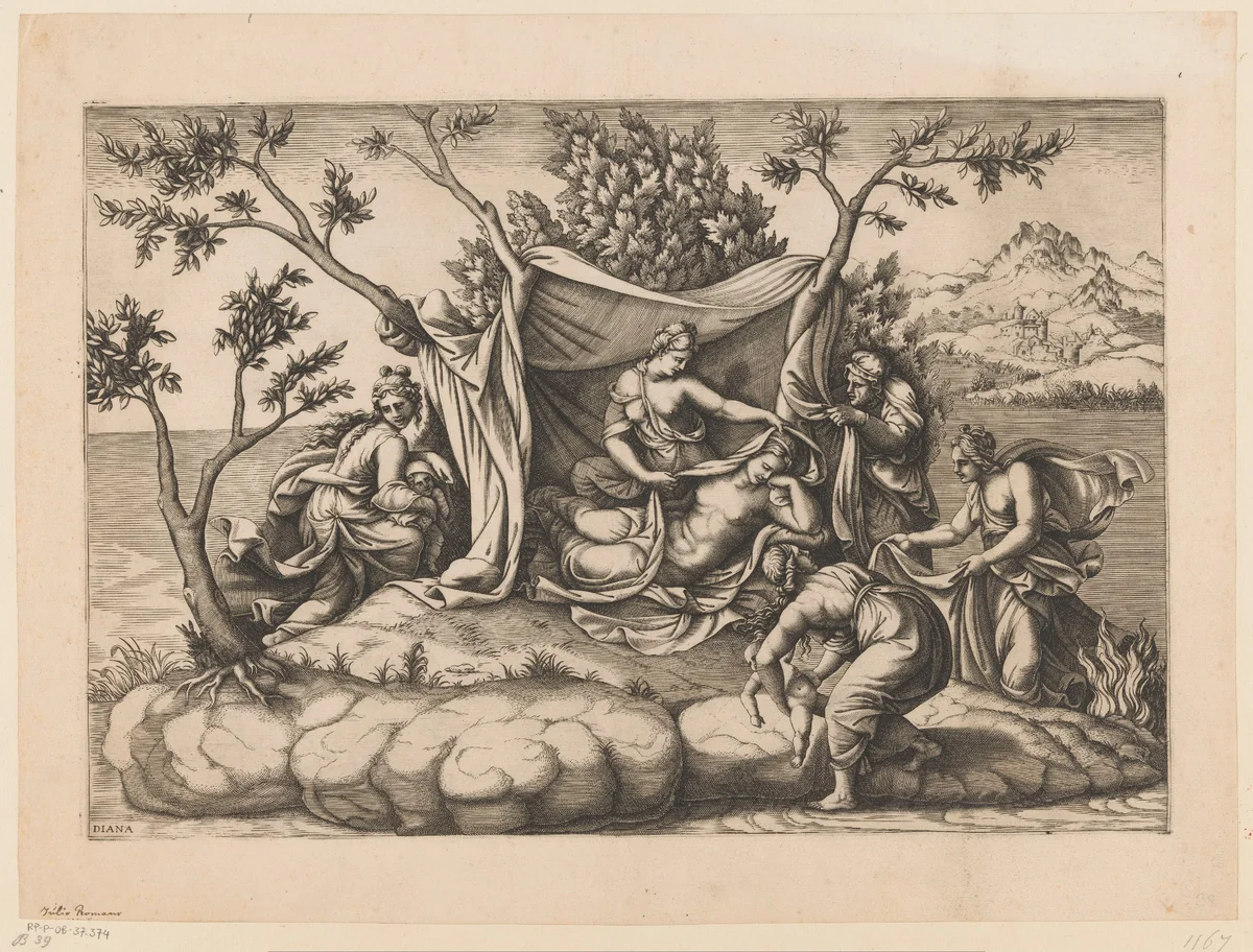 Latona after the Birth of Apollo and Diana by Unknown, print, 1557-1612