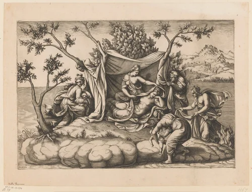 Latona after the Birth of Apollo and Diana by Unknown, print, 1557-1612