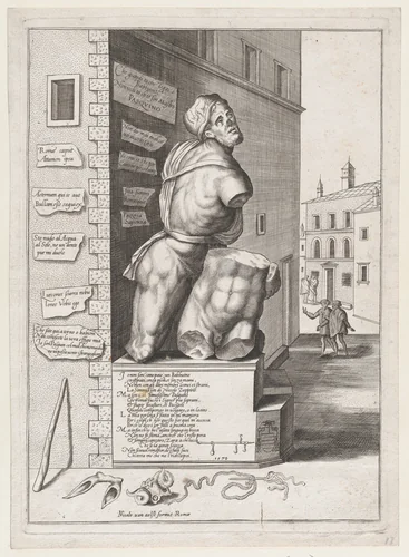 Statue of Pasquin in the House of Cardinal Ursino, from "Speculum Romanae Magnificentiae" by Nicolas Beatrizet, print, 1530-1613