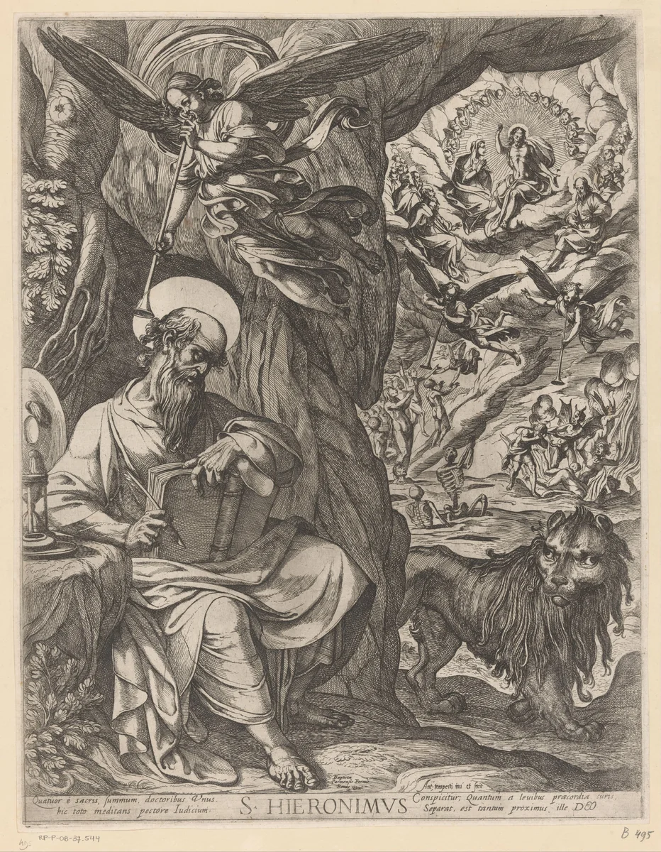 H. Hieronymus in de wildernis contemplerend over het laatste oordeel by Unknown, print, 1592