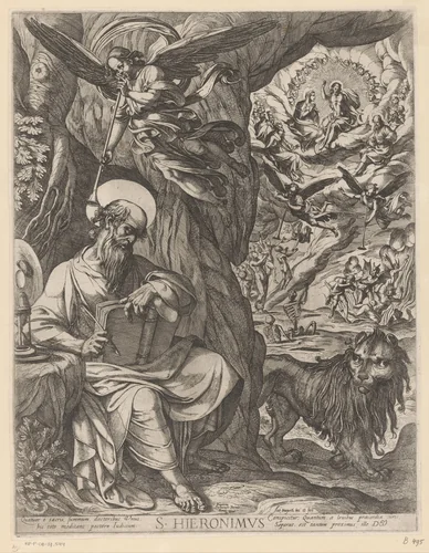 H. Hieronymus in de wildernis contemplerend over het laatste oordeel by Unknown, print, 1592