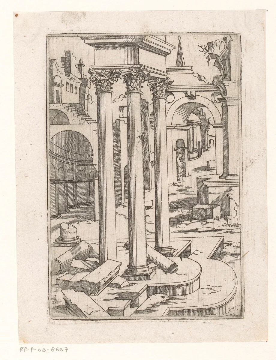 Ruïneuze bouwwerken waaronder drie Korinthische zuilen by Unknown, print, 1550-1562