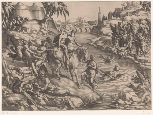 Cloelia ontsnapt uit het kamp van Porsenna by Unknown, print, 1553-1554