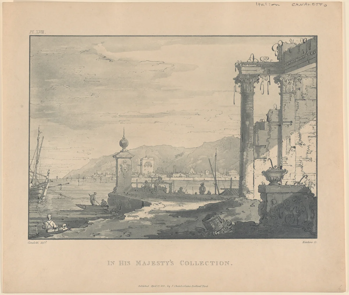 A coastal scene with a classical ruin at right by George Hawkins, print, 1811