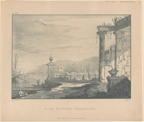 A coastal scene with a classical ruin at right by George Hawkins, print, 1811