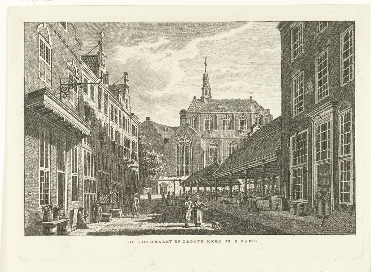Stadsgezicht met vismarkt en Grote Kerk of Sint Jacobskerk in Den Haag by Carel Frederik Bendorp, print, 1786-1792