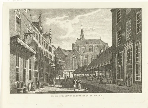 Stadsgezicht met vismarkt en Grote Kerk of Sint Jacobskerk in Den Haag by Carel Frederik Bendorp, print, 1786-1792