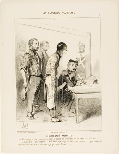 A Man Saved Against His Will. “- But I am telling you that I know how to swim and I could have pulled myself out of the water without the help of this gentleman! - That makes no difference.... the law is quite clear... you must pay 25 Francs to your rescuer.... for example, if you had been dead, you would only have had to pay him 15 Francs,” plate 7 from Les Canotiers Parisiens by Honoré-Victorin Daumier, print, 1843