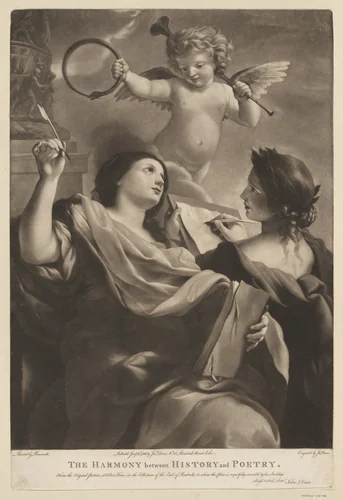 The Harmony between History and Poetry, a putto with instruments overhead by John Dean, print, 1786