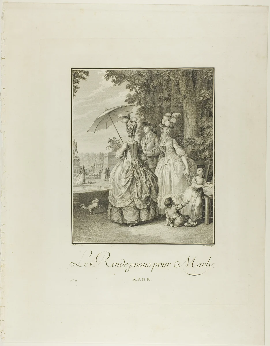 Rendezvous For Marly, from Monument du Costume Physique et Moral de la fin du Dix-huitième siècle by Heinrich Guttenberg, print, 1776-1783