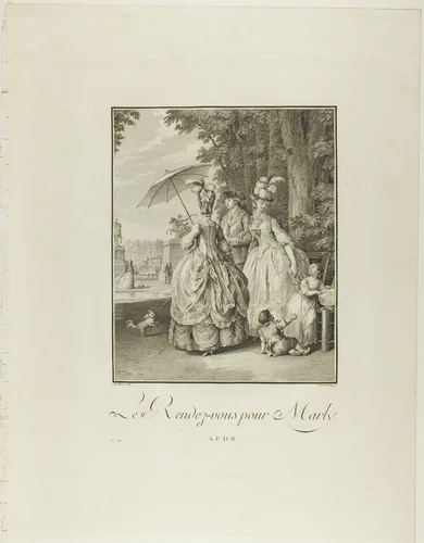 Rendezvous For Marly, from Monument du Costume Physique et Moral de la fin du Dix-huitième siècle by Heinrich Guttenberg, print, 1776-1783