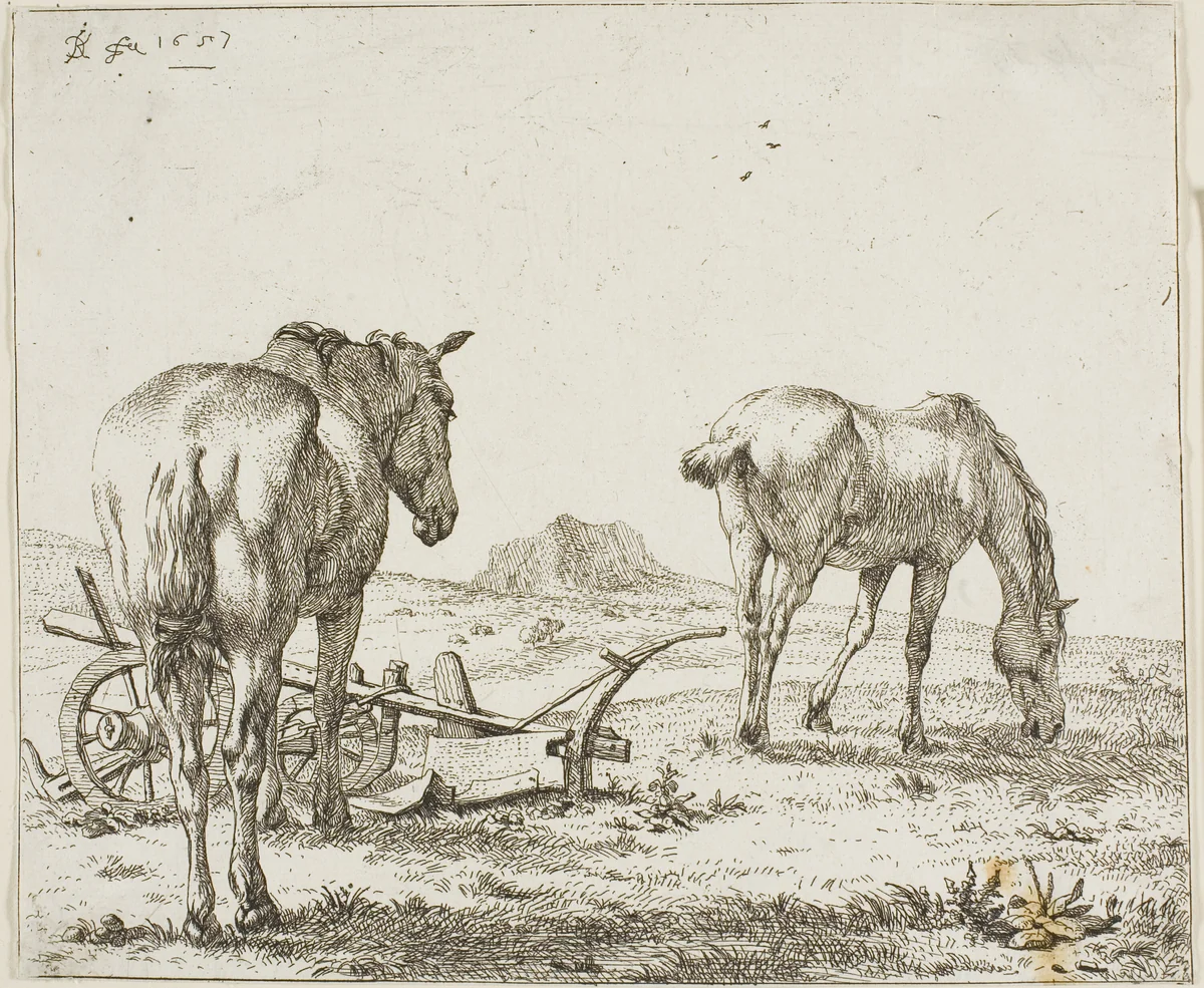 Two Horses by a Plough by Karel Dujardin, print, 1657