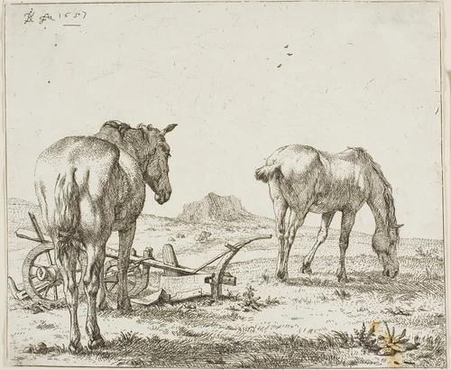 Two Horses by a Plough by Karel Dujardin, print, 1657