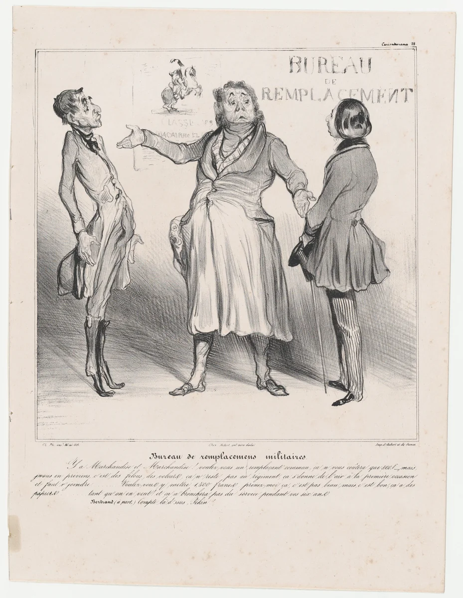 Plate 28: Conscript replacement agency, from 'Caricaturana,' published in Les Robert Macaires by Honoré Daumier, print, 1838