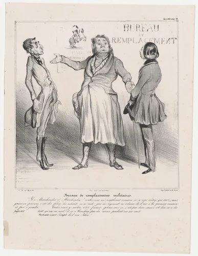 Plate 28: Conscript replacement agency, from 'Caricaturana,' published in Les Robert Macaires by Honoré Daumier, print, 1838