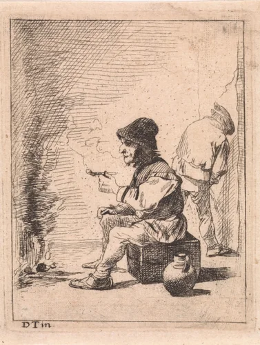 Rokende boer bij het vuur by anonymous, print, 1626-1740
