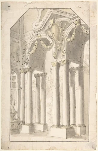 Architectural Perspective: Design for Painted Wall Decoration (?) by anonymous, drawing, 1700-1780