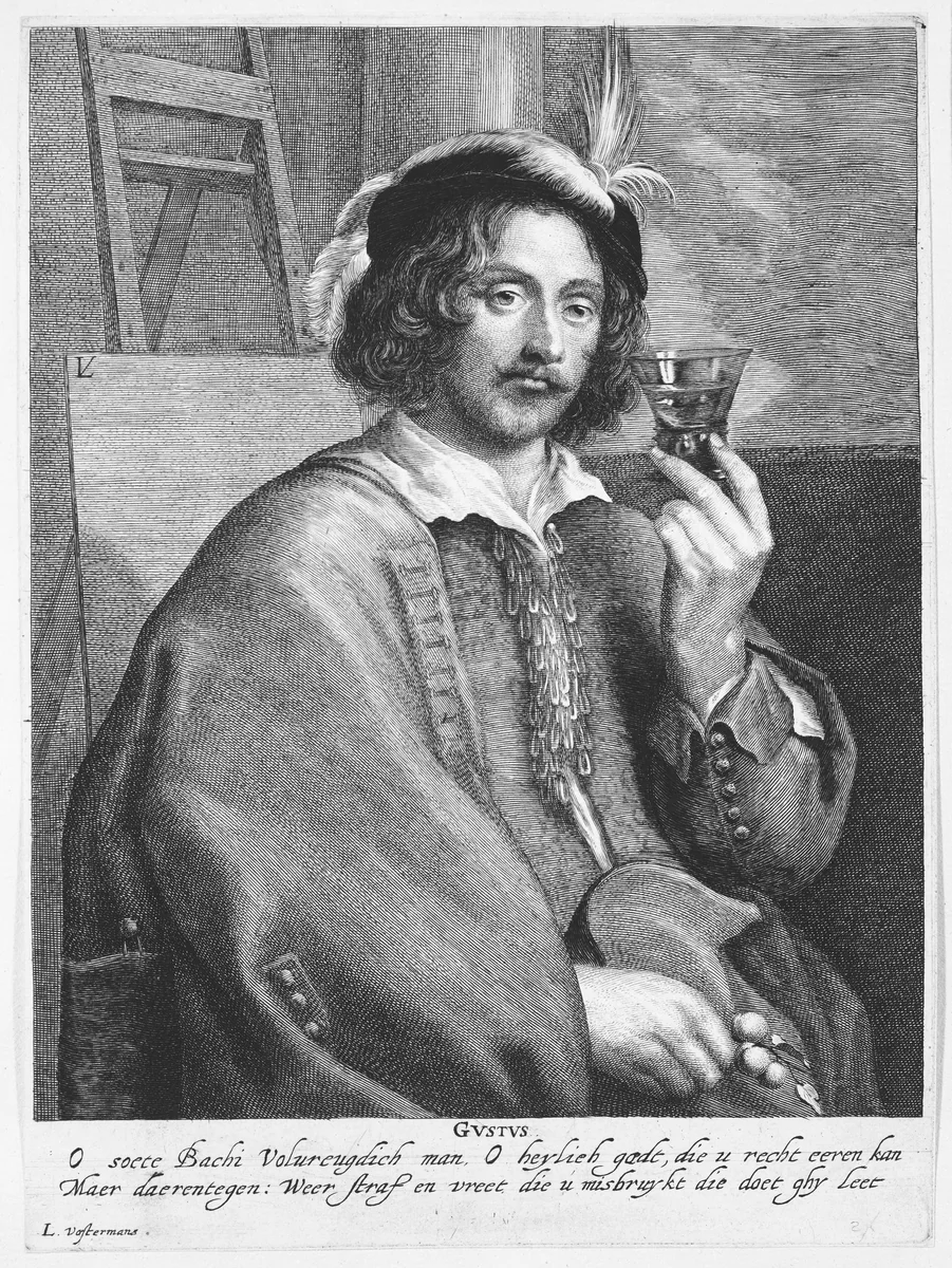 Allegory of Taste (Portrait of the Painter Jan Davidsz. de Heem, after a self-portrait) by Lucas Vorsterman, print, 1630-1650
