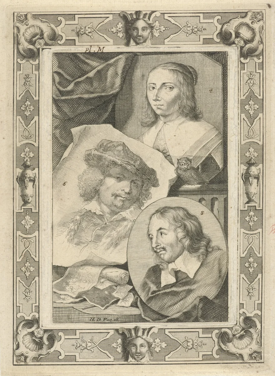 Portretten van Anna Maria van Schurman, Jacob Adriaensz. Backer en Rembrandt Harmensz. van Rijn by Jacob Houbraken, print, 1729