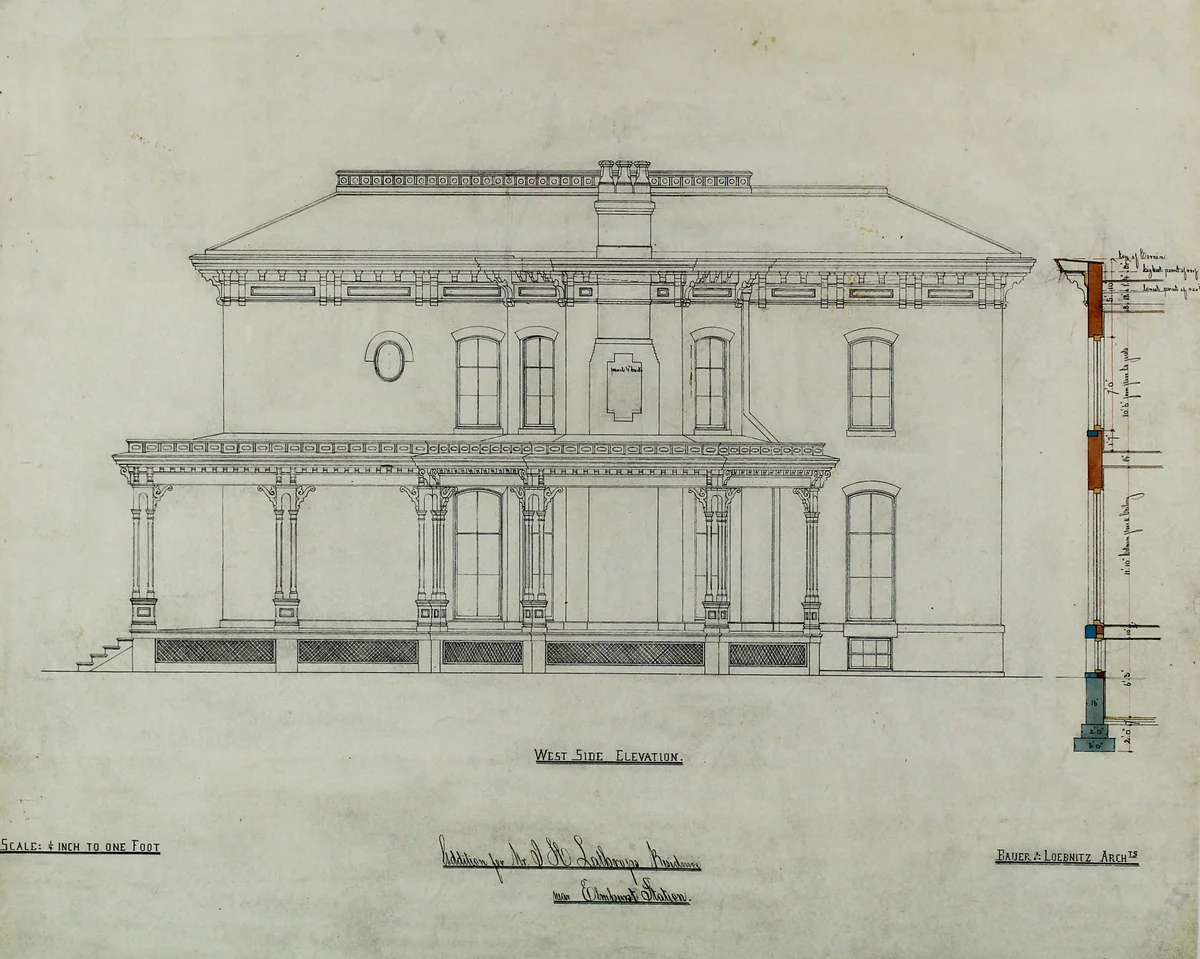 Joseph H. Lathrop House Addition, Elmhurst, Illinois, Elevation and Section by Bauer & Loebnitz, drawing, 1860-1880