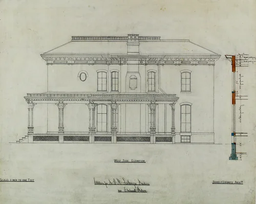 Joseph H. Lathrop House Addition, Elmhurst, Illinois, Elevation and Section by Bauer & Loebnitz, drawing, 1860-1880