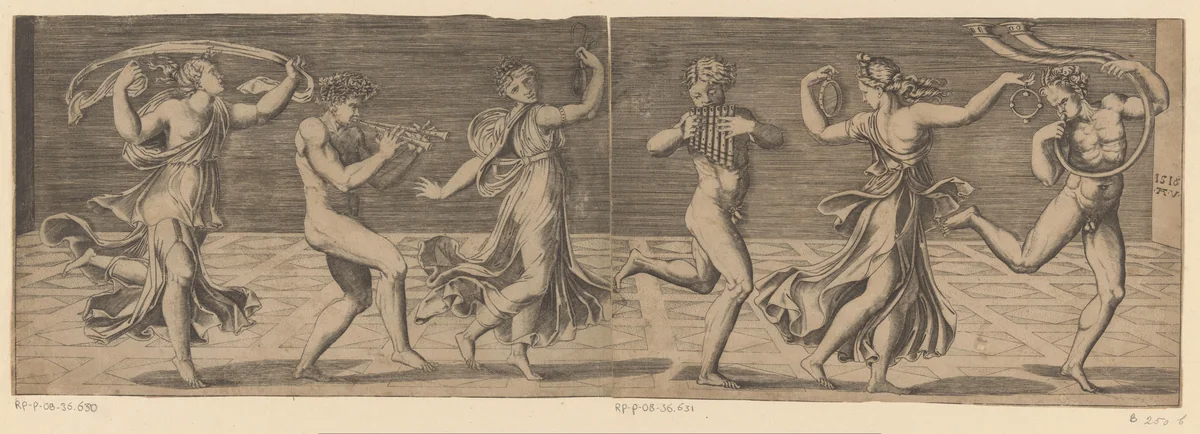 Dansende sater en maenaden by Agostino Veneziano, print, 1516
