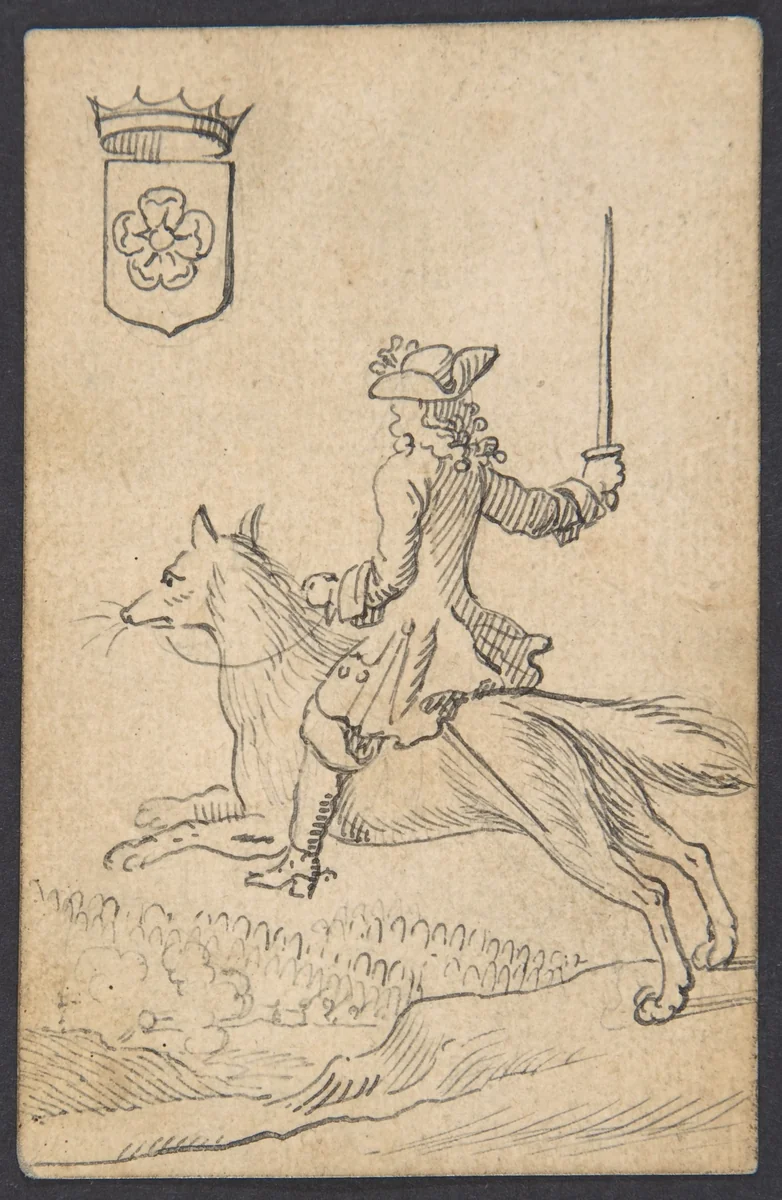 Rose King: A Man Astride a Fox by Johannes Brandenberg, drawing, 1712-1730