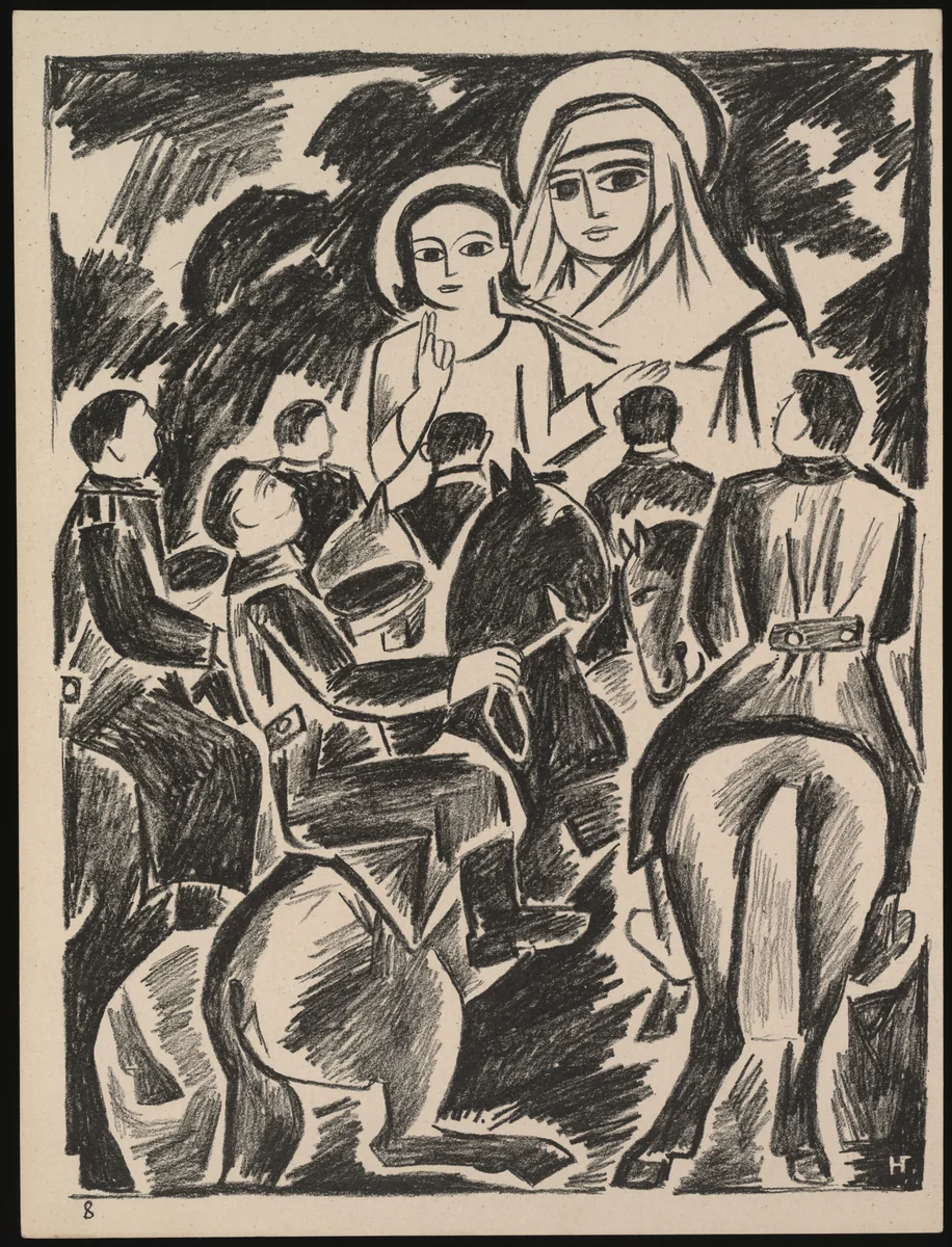 Videnie v oblakakh (Vision in the Clouds) from Misticheskie obrazy voiny. 14 litografii (Mystical Images of War: Fourteen Lithographs) by Natalia Goncharova, print, 1914