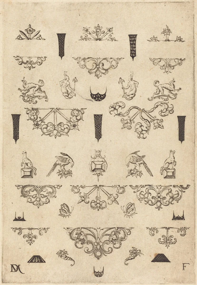 Eleven Different Studs and Twenty-Three Ornaments by Daniel Mignot, print, 1593