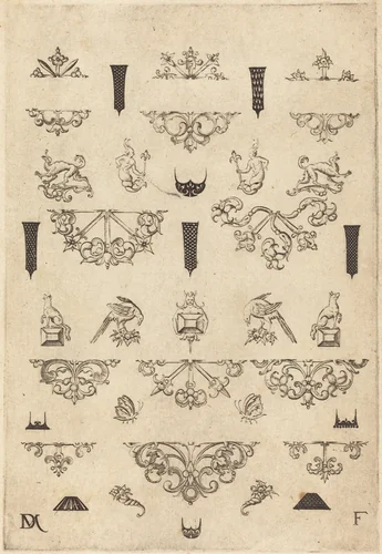 Eleven Different Studs and Twenty-Three Ornaments by Daniel Mignot, print, 1593