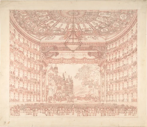 Stage Set with Peasants Meeting in Village Setting by anonymous, drawing, 1800-1900
