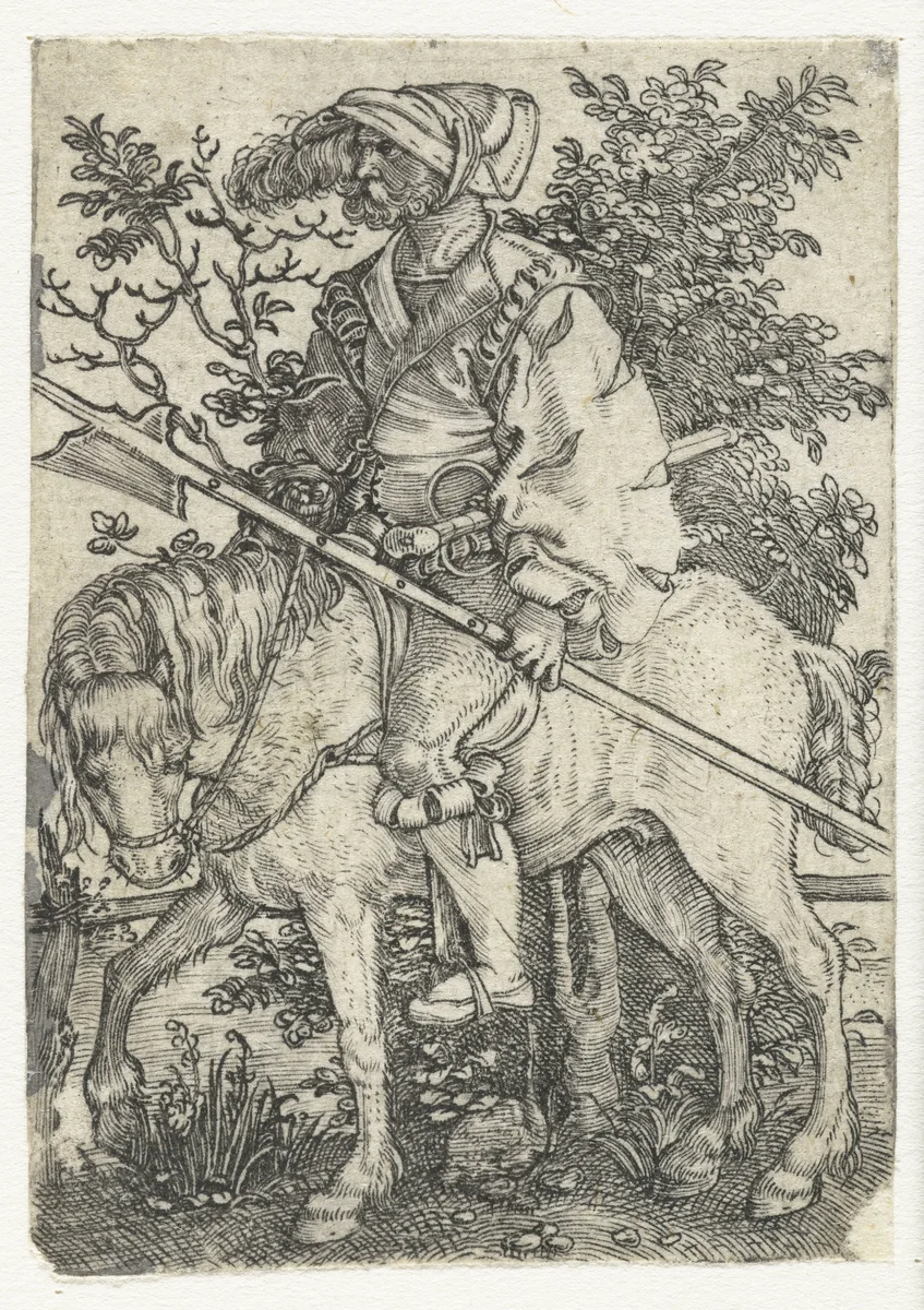 Hellebaardier te paard by Barthel Beham, print, 1512-1540