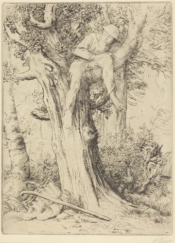 Landscape with a Boy in a Tree (Paysage avec un garcon gimpe sur un arbre dite "Le denicher d'oiseaux) by Alphonse Legros, print, 1837-1911