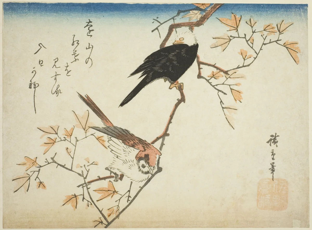 Two birds on maple branch by Utagawa Hiroshige (歌川広重), print, 1830-1839