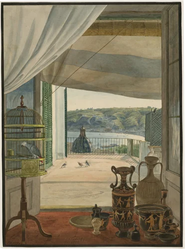 Antiquities by a Balcony Overlooking the Gulf of Naples by Carl Wilhelm Götzloff, drawing, 1826