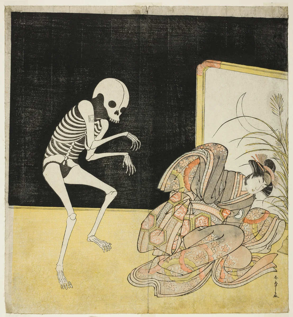 Ichikawa Danjūrō V as a Skeleton, Spirit of the Renegade Monk Seigen, and Iwai Hanshirō IV as the Cherry Princess, in “Flower of Edo: An Ichikawa Saga” (Edo no Hana Mimasu Soga) by Katsukawa Shunsho (勝川 春章), print, 1783