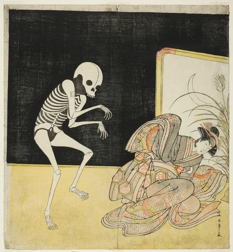 Ichikawa Danjūrō V as a Skeleton, Spirit of the Renegade Monk Seigen, and Iwai Hanshirō IV as the Cherry Princess, in “Flower of Edo: An Ichikawa Saga” (Edo no Hana Mimasu Soga) by Katsukawa Shunsho (勝川 春章), print, 1783