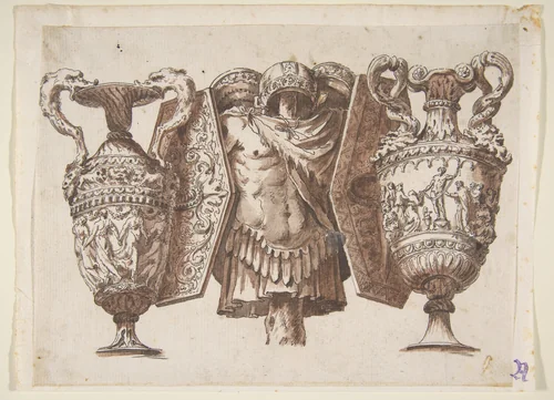 Trophy with Two Vases and a Cuirass by Polidoro da Caravaggio, drawing, 1600-1800