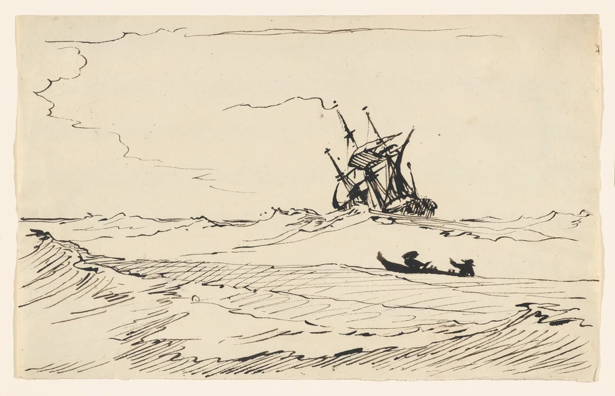 A Storm at Sea with a Large Ship and a Small Boat with Two Figures by Carl August Ehrensvärd, drawing, 1765-1800