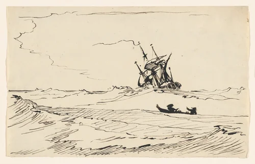 A Storm at Sea with a Large Ship and a Small Boat with Two Figures by Carl August Ehrensvärd, drawing, 1765-1800