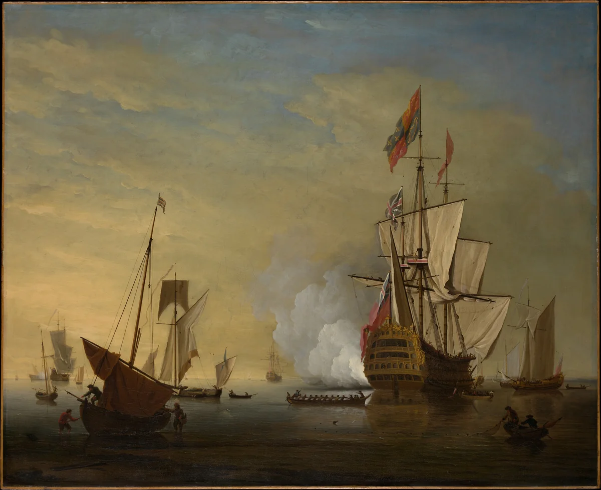 Harbor Scene: An English Ship with Sails Loosened Firing a Gun by Peter Monamy, painting, 1704-1749