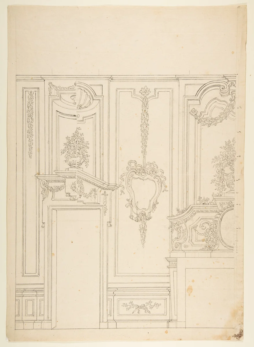 Design for a Wall Elevation with Halved Alternate Designs for the Doorway (recto); Designs for a Quarter of a Ceiling, Design for a Wall Elevation (verso) by Leonardo Marini, drawing, 1774-1790