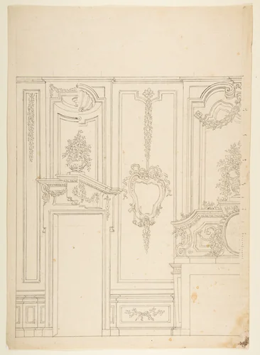 Design for a Wall Elevation with Halved Alternate Designs for the Doorway (recto); Designs for a Quarter of a Ceiling, Design for a Wall Elevation (verso) by Leonardo Marini, drawing, 1774-1790