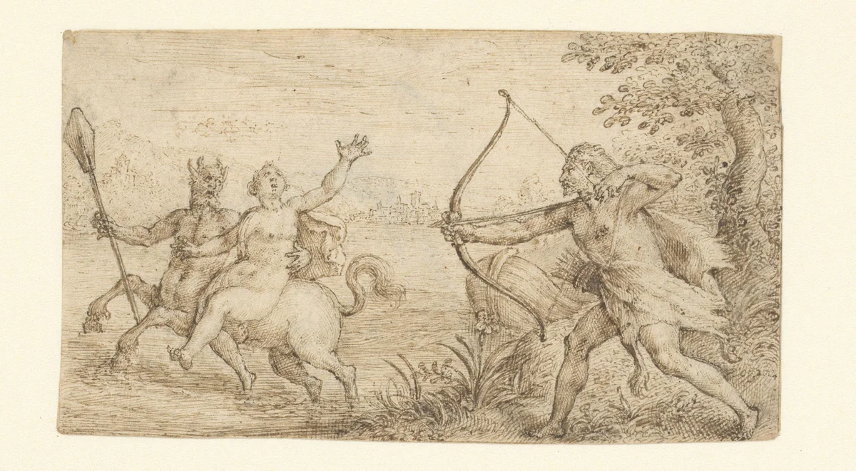 Hercules richt zijn boog op de centaur Nessus die Deïanira ontvoert by Crispijn van de Passe, drawing, 1575-1602