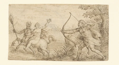 Hercules richt zijn boog op de centaur Nessus die Deïanira ontvoert by Crispijn van de Passe, drawing, 1575-1602