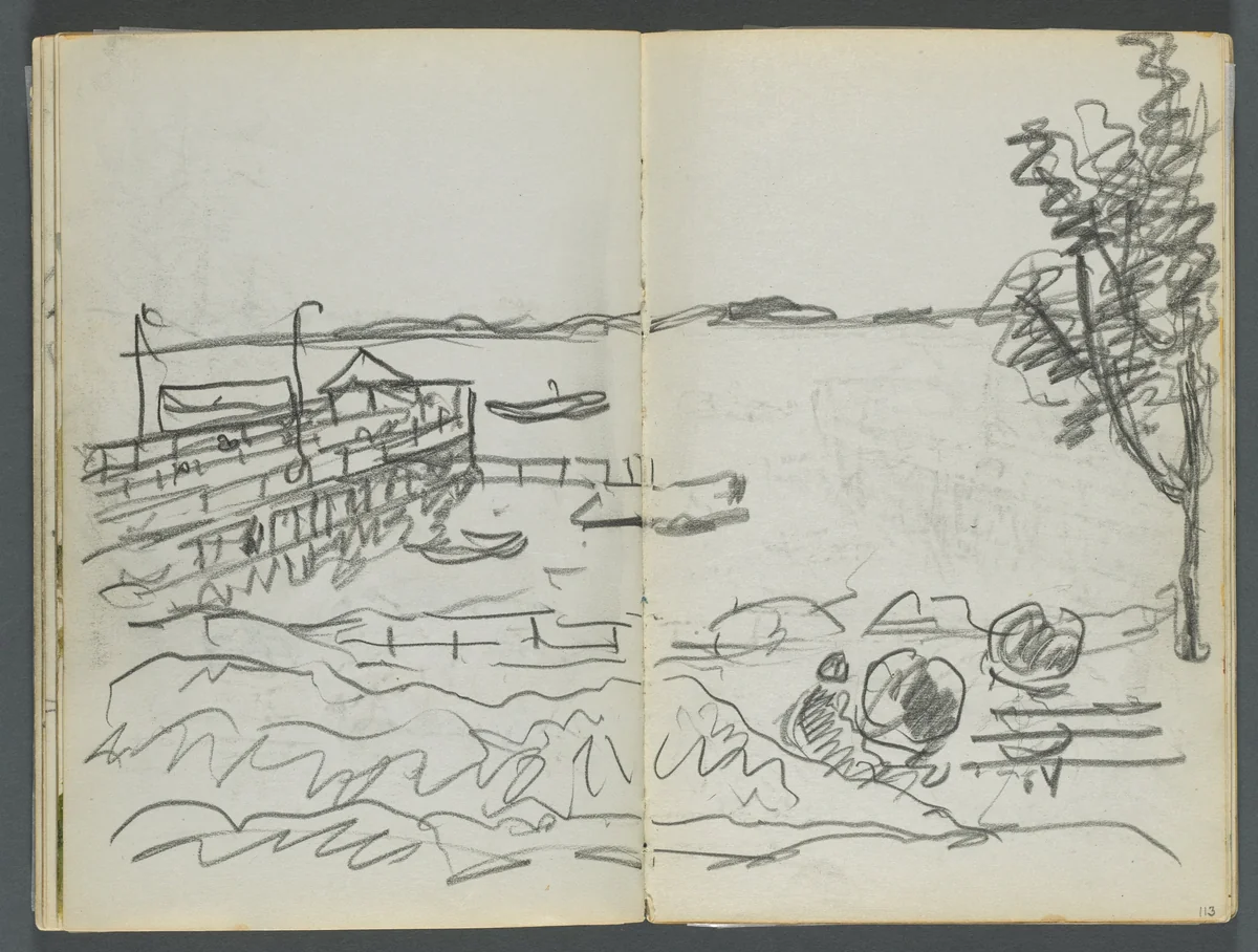 Sketchbook, The Dells, N° 127, page 112 & 113: View of Dock by Maurice Prendergast, book, 1919-1921