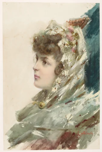 Buste van een jonge vrouw, in profiel naar links by A. Salanti, drawing, 1800-1892