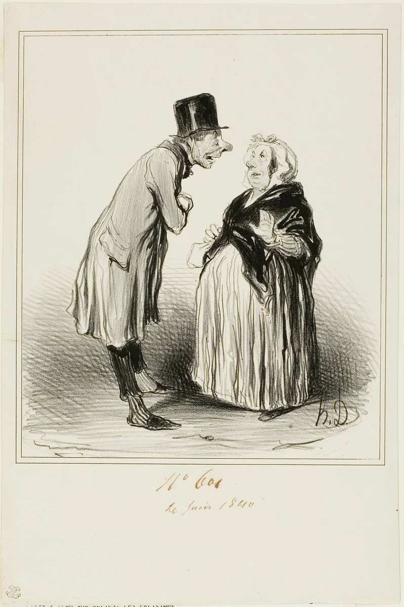 “- Well yes, it's true, the daughter of Mame Chopin got married yesterday with the son of Durand. I just talked to the young man and from what he told me (in full confidence), she must have had some strange ones before him…,” plate 6 from Les Parisiens by Honoré-Victorin Daumier, print, 1840