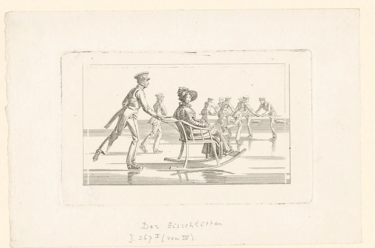 Slee voortgeduwd op het ijs met op de achtergrond zeven schaatsende mannen by Johann Adam Klein, print, 1825